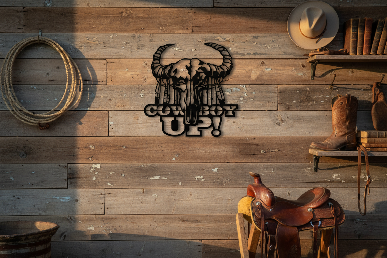 Black Cowboy Up 7209 on barn wall