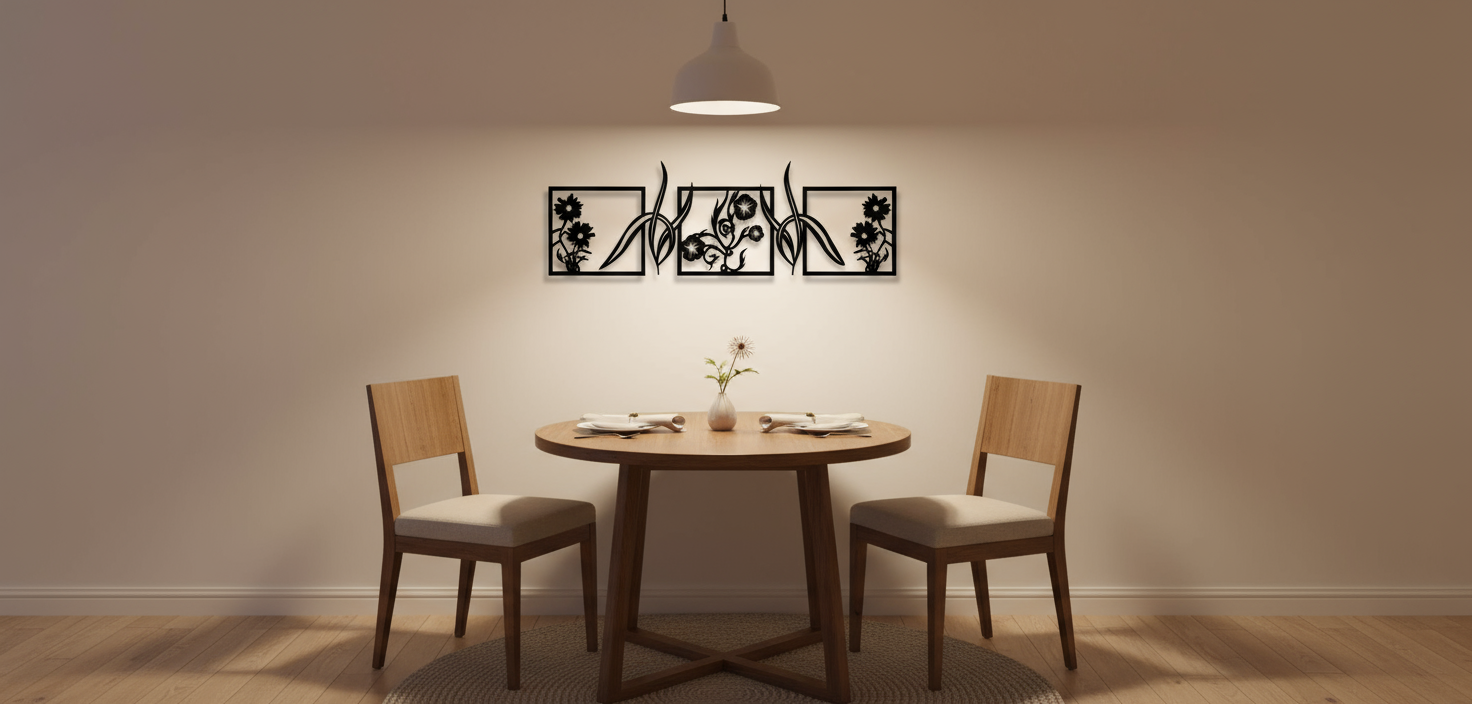 Black flowers artwork in small dining area