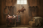 Brown cowboy roper on barn wall with horse tack