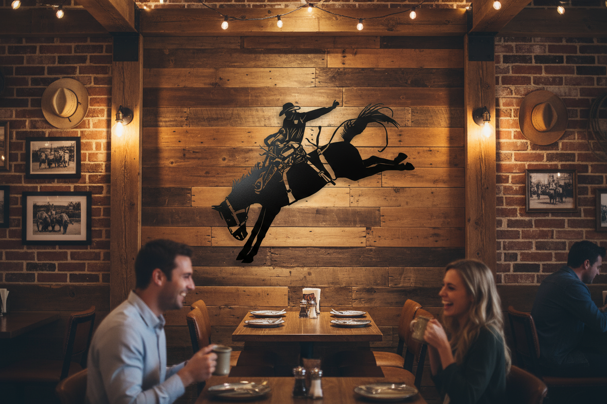 Bucking bronco on rustic restaurant wall