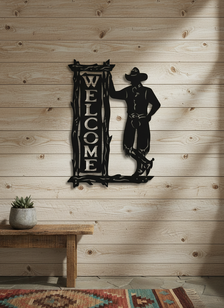 Cowboy Welcome sign on light rustic wall