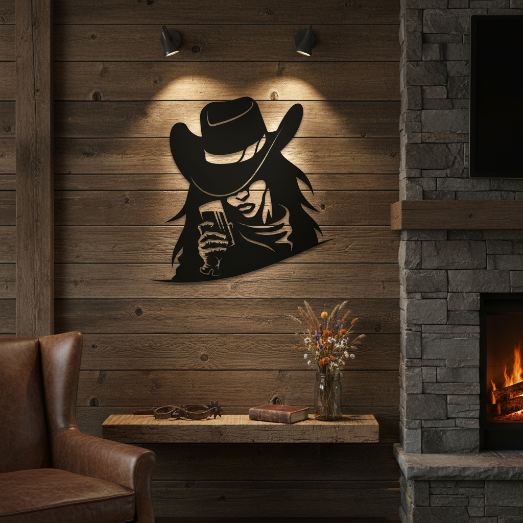 Cowgirl 1028 metal art displayed on wall