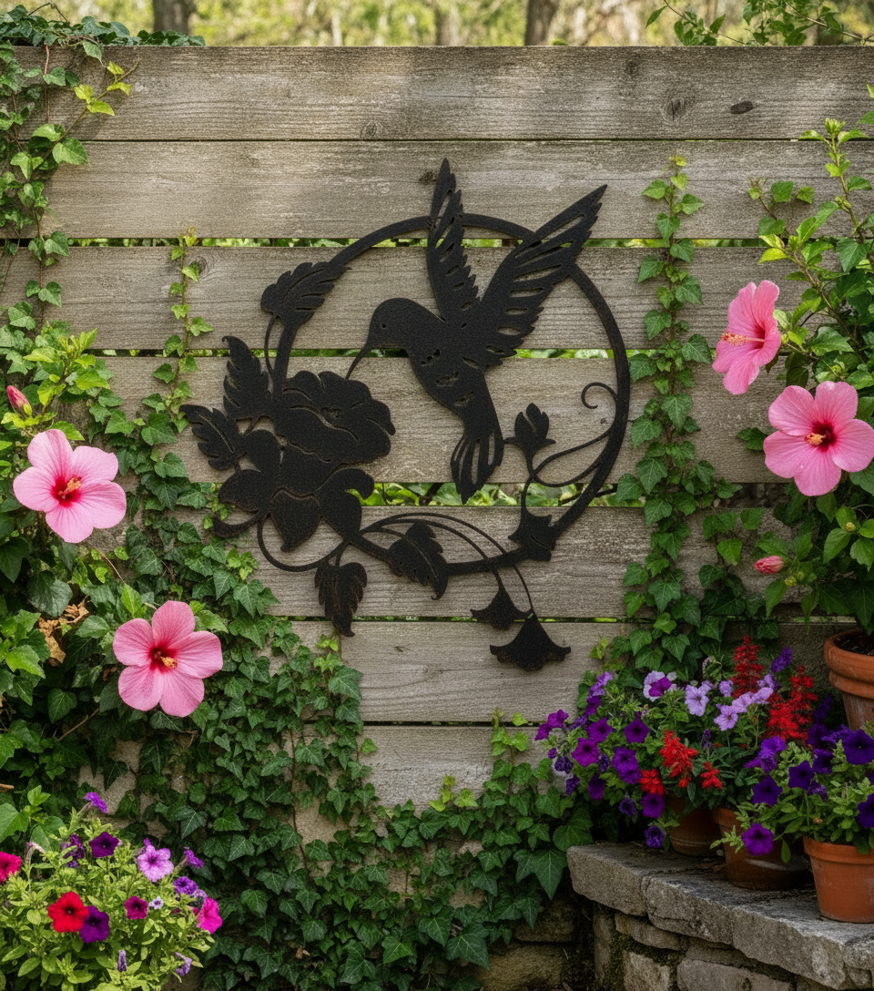 Hummingbird sign on wooden garden fence