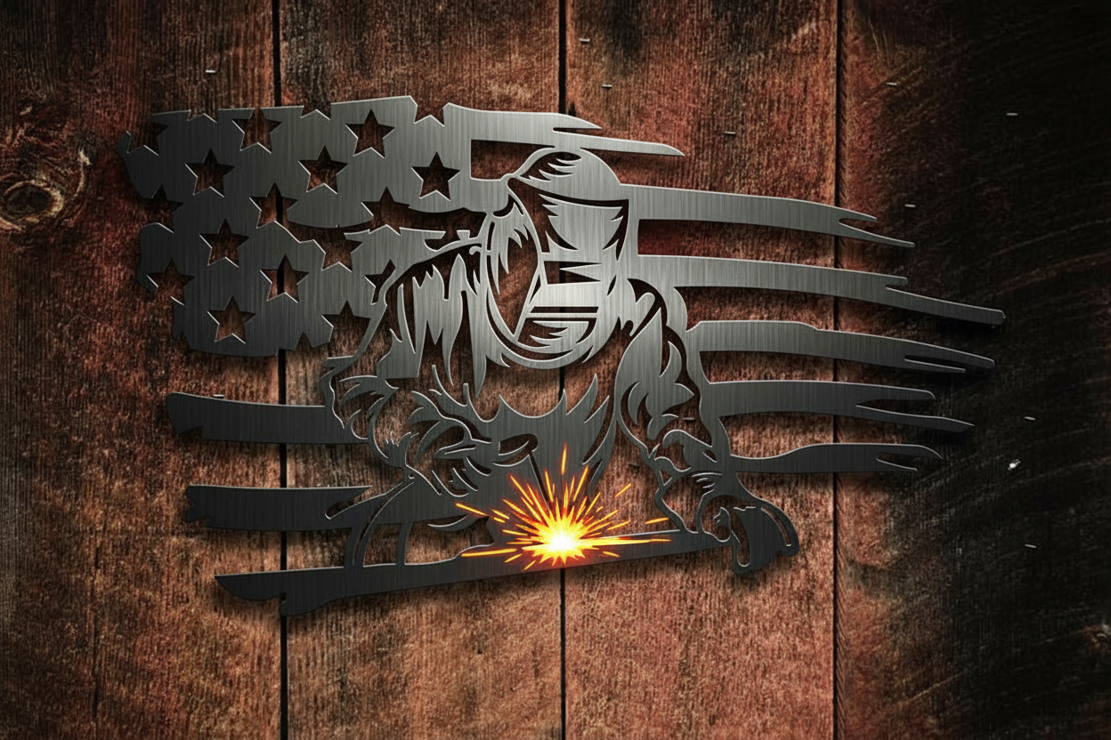 Metal Art Welder with US Flag on Barnwood