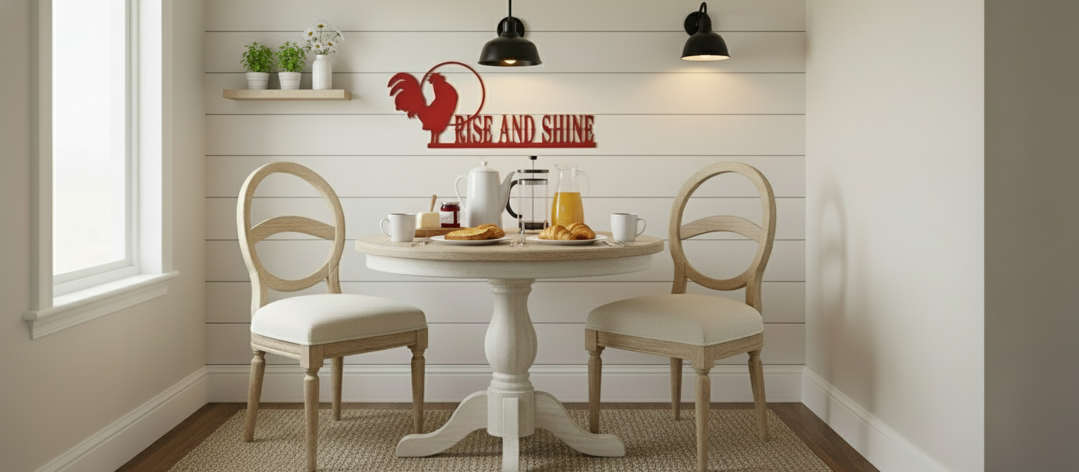 Rise and Shine in small farmhouse dining area with breakfast