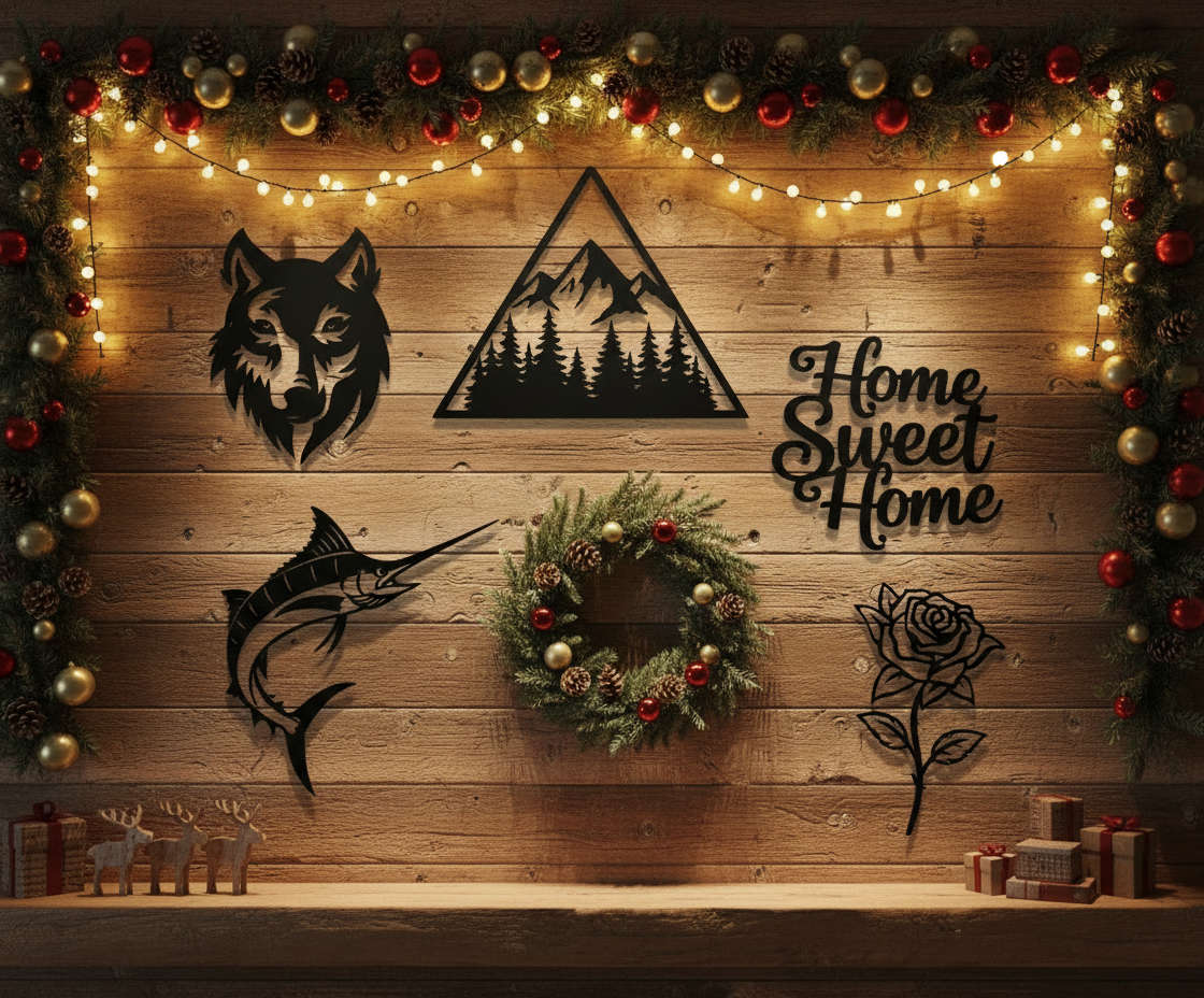 Rustic holiday wall display with multiple metal art pieces