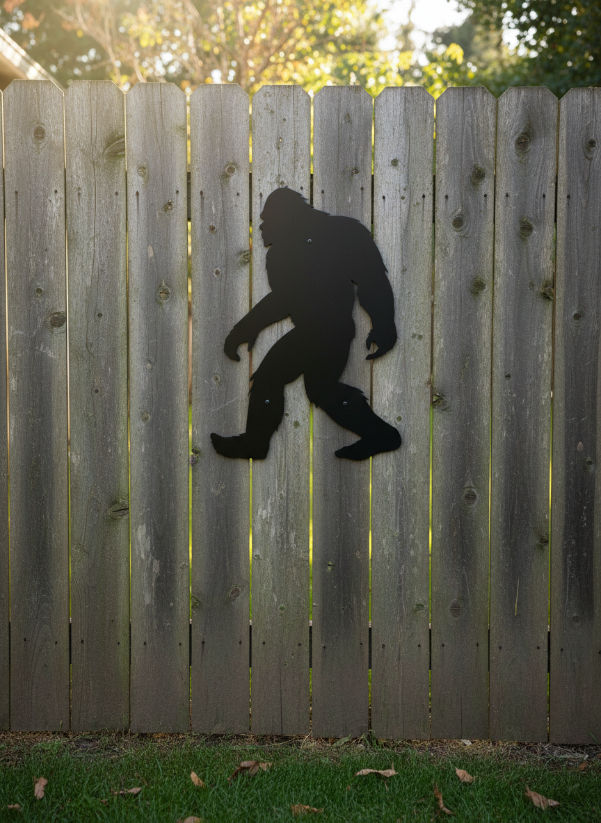 Sasquatch metal sign displayed on fence