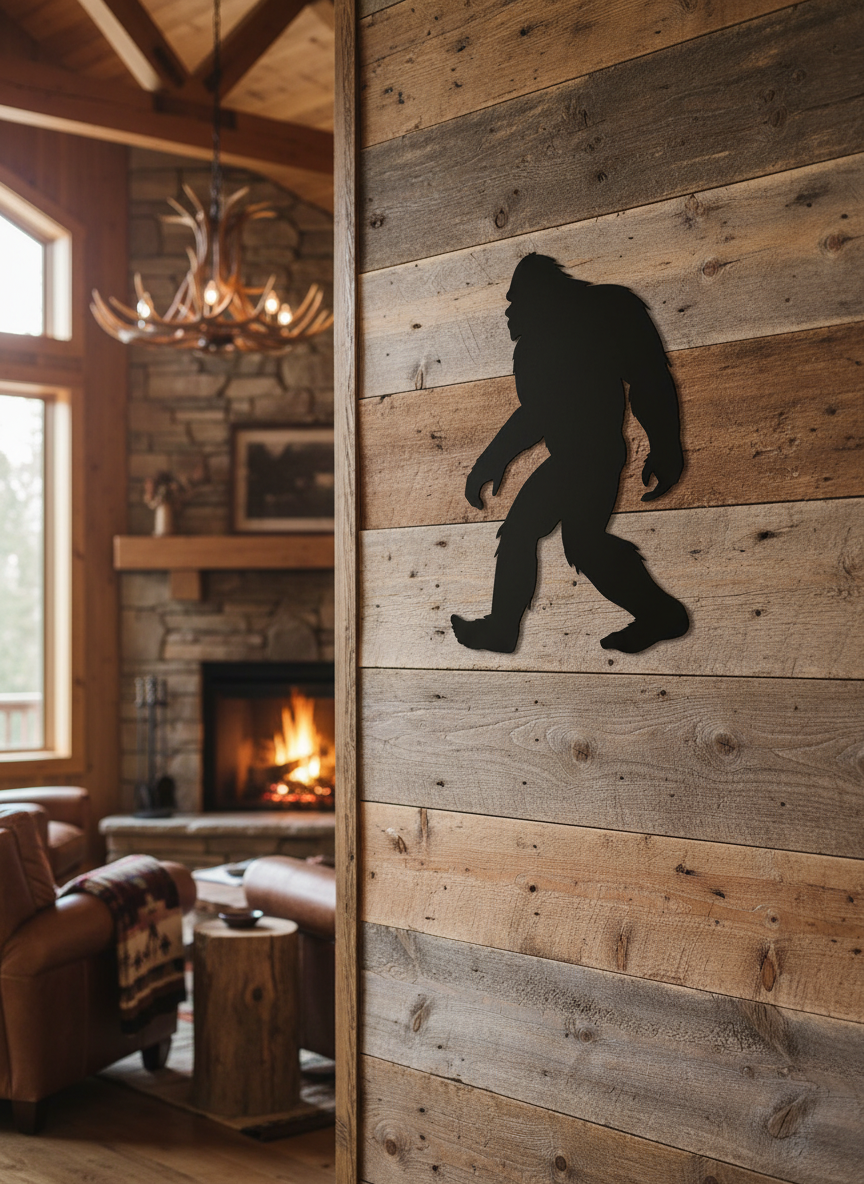 Sasquatch metal sign on barnwood wall