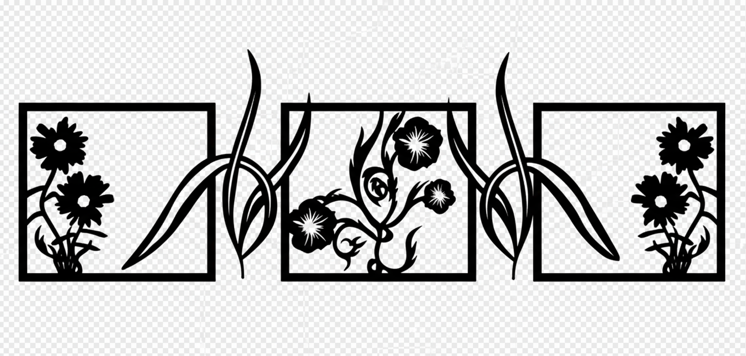 Solid black flowers on transparent background