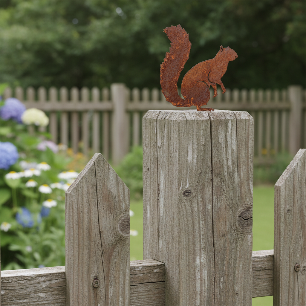 Squirrel 1002 rust finish on fence post